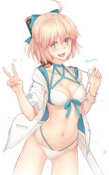 Rule 34 | 1girl, :d, ahoge, bikini, blonde hair, blue bow, blue ribbon, blush, bow, bracelet, breasts, cleavage, collarbone, commentary request, cowboy shot, dan (kumadan), fate/grand order, fate (series), front-tie bikini top, front-tie top, gluteal fold, grey eyes, hair bow, highres, jacket, jewelry, looking at viewer, navel, okita j. souji (fate), okita j. souji (third ascension) (fate), okita souji (fate), okita souji (koha-ace), open clothes, open jacket, open mouth, ribbon, sheath, sheathed, short hair, short ponytail, simple background, small breasts, smile, solo, sparkle, swimsuit, sword, twitter username, v, weapon, white background, white jacket