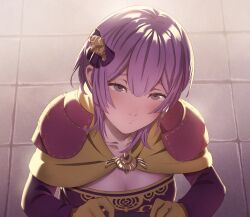Rule 34 | 1girl, :o, absurdres, bernadetta von varley, blunt bangs, breasts, capelet, cleavage, fire emblem, fire emblem: three houses, from above, gloves, grabbing, grey eyes, hair ornament, highres, long sleeves, looking at viewer, looking up, medium breasts, nintendo, official alternate hairstyle, pomelomelon, pout, pov, purple hair, scene reference, short hair, solo