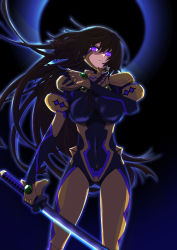 Rule 34 | 1girl, absurdres, backlighting, bodysuit, breasts, brown hair, covered navel, eyebrows hidden by hair, floating hair, fortified suit, glowing, glowing eyes, head tilt, highres, holding, holding sword, holding weapon, kamon rider, katana, large breasts, long hair, muv-luv, muv-luv alternative, muv-luv total eclipse, open hand, pilot suit, purple eyes, solo, sword, takamura yui, weapon