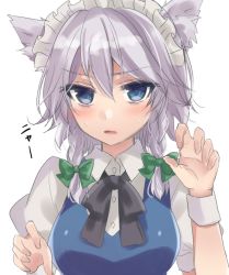 Rule 34 | 1girl, animal ears, asa (coco), blue eyes, blush, bow, braid, cat ears, fang, hair bow, izayoi sakuya, kemonomimi mode, looking at viewer, maid headdress, open mouth, puffy sleeves, ribbon, shirt, short hair, short sleeves, silver hair, simple background, solo, sweat, text focus, touhou, twin braids, upper body, vest, white background, wrist cuffs