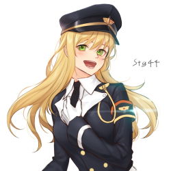 Rule 34 | 1girl, black hat, black jacket, black necktie, blonde hair, blush, character name, girls&#039; frontline, gloves, green eyes, hat, holding necktie, jacket, long hair, looking at viewer, military, military hat, military uniform, necktie, open mouth, shirt, smile, solo, stg44 (girls&#039; frontline), ten cws, uniform, white background, white gloves, white shirt