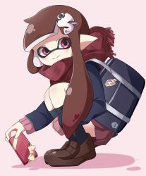 Rule 34 | 169aren, 1girl, argyle, argyle clothes, argyle scarf, bag, black socks, blue jacket, blunt bangs, brown footwear, brown hair, carrying, closed mouth, commentary, fringe trim, from side, gift, hair ornament, highres, holding, holding gift, inkling, inkling girl, inkling player character, jacket, loafers, long hair, long sleeves, looking at viewer, mask, miniskirt, nintendo, pink background, pleated skirt, pointy ears, purple eyes, purple scarf, purple skirt, scarf, school bag, school uniform, shoes, simple background, skirt, smile, socks, solo, squatting, symbol-only commentary, tentacle hair