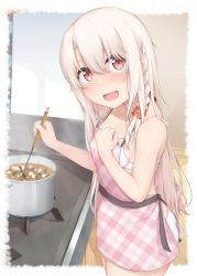 Rule 34 | 1girl, alternate costume, apron, blush, bra, braid, breasts, cooking, fate/stay night, fate (series), hair between eyes, highres, illyasviel von einzbern, jewelry, ladle, long hair, looking at viewer, miso soup, no pants, no shirt, open mouth, panties, plaid, plaid apron, pot, red eyes, ring, seven d3t, sidelocks, silver hair, small breasts, solo, stove, underwear, white bra, white panties