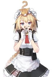 Rule 34 | animal, animal on head, apron, black skirt, blonde hair, blue eyes, braid, cat, cat on head, cowboy shot, g36 (girls&#039; frontline), girls&#039; frontline, gloves, hands up, long hair, looking at viewer, maid headdress, mixed-language commentary, on head, pouch, puffy short sleeves, puffy sleeves, red neckwear, shirt, short sleeves, skirt, solo, standing, vikpie, white gloves, white shirt