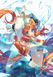 Rule 34 | 1girl, armpits, arms up, blue bow, blue eyes, blush, bow, breasts, brooch, cat princess, cowboy shot, crop top, detached sleeves, floating hair, gem, genshin impact, harem outfit, highres, horns, jewelry, long hair, long sleeves, looking at viewer, medium breasts, navel, nilou (genshin impact), open mouth, puffy long sleeves, puffy sleeves, red hair, skirt, smile, solo, stomach, twintails, veil, water
