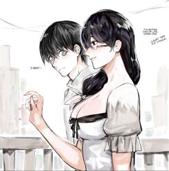 Rule 34 | 1boy, 1girl, black hair, breasts, cleavage, closed mouth, dress, english text, from side, frown, glasses, grey dress, grey eyes, grin, hand up, highres, kamishiro rize, kaneki ken, large breasts, long hair, looking at another, looking at breasts, puffy short sleeves, puffy sleeves, shirt, short sleeves, smile, teeth, tokyo ghoul, white background, white shirt, yourfreakyneighbourh