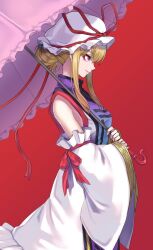 Rule 34 | 1girl, blonde hair, breasts, commentary request, cowboy shot, detached sleeves, dress, from side, hat, hat ribbon, highres, holding, holding umbrella, medium breasts, mob cap, parasol, purple eyes, purple tabard, re (re 09), red background, red ribbon, ribbon, ribbon-trimmed sleeves, ribbon trim, sidelocks, solo, tabard, touhou, umbrella, white dress, wide sleeves, yakumo yukari