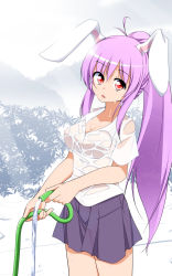 Rule 34 | 1girl, alternate hairstyle, animal ears, blush, breasts, cleavage, covered erect nipples, hachi (chihagura), highres, hose, large breasts, long hair, looking at viewer, no bra, ponytail, purple hair, rabbit ears, red eyes, reisen udongein inaba, see-through, shirt, short sleeves, skirt, solo, touhou, very long hair, wet, wet clothes, wet shirt
