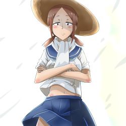 Rule 34 | 1girl, absurdres, anime coloring, blush, brown eyes, brown hair, crossed arms, hat, highres, houkago teibou nisshi, kuroiwa yuuki, looking at viewer, medium hair, midorikan, navel, scarf, school uniform, short twintails, sidelocks, simple background, skirt, solo, standing, straw hat, sun hat, tilted headwear, twintails, white scarf