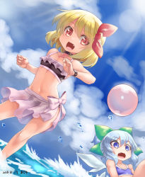 Rule 34 | 2girls, :d, alternate costume, araki (qbthgry), arms up, ball, beachball, bikini, bikini skirt, bikini top only, blonde hair, blue eyes, blue hair, blue sky, bow, choker, cirno, cloud, commentary request, contrapposto, dated, day, diffraction spikes, dutch angle, fang, feet out of frame, frilled bikini, frilled bikini top, frills, hair between eyes, hair bow, hair ribbon, lens flare, looking at viewer, looking to the side, multiple girls, open mouth, outdoors, red eyes, ribbon, rumia, short hair, signature, sitting, sky, smile, standing, swept bangs, swimsuit, touhou, water, water drop, wings, wristband