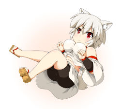 Rule 34 | 1girl, :&lt;, animal ears, ass, bare shoulders, barefoot sandals (jewelry), belly, bike shorts, blush, breasts, fat rolls, geta, hitotsubashi inari, inubashiri momiji, legs, looking at viewer, lying, medium breasts, no headwear, on back, plump, red eyes, sandals, shirt, short hair, silver hair, skindentation, skirt, solo, tail, taut clothes, taut shirt, touhou, tsurime, upskirt, vambraces, wolf ears, wolf tail