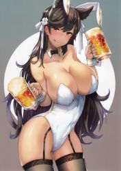 Rule 34 | 1girl, absurdres, alcohol, animal ears, atago (azur lane), azur lane, bare shoulders, beer, beer mug, black bow, black bowtie, black hair, black thighhighs, bow, bowtie, breasts, brown eyes, cleavage, collarbone, covered navel, cowboy shot, cup, detached collar, dual wielding, extra ears, fake animal ears, fingernails, garter straps, grey thighhighs, hair ornament, highres, holding, holding cup, large breasts, leotard, long hair, looking at viewer, mole, mole under eye, mug, playboy bunny, rabbit ears, rabbit tail, ribbon, satou daiji, scan, shiny skin, simple background, smile, solo, standing, strapless, strapless leotard, tail, thighhighs, thighs, tongue, tongue out, white leotard, white ribbon, wolf ears, wrist cuffs