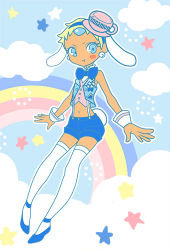 Rule 34 | 00s, 1girl, animal ears, bare shoulders, blonde hair, blue eyes, blush, bow, bowtie, chat (tales), dark skin, earrings, hairband, jewelry, lowres, midriff, navel, rabbit ears, shoes, short hair, short shorts, shorts, tail, tales of (series), tales of eternia, thighhighs, vest