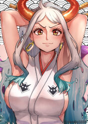 Rule 34 | &gt;:), 1girl, ahoge, aosora2823, arms behind head, arms up, bare arms, breasts, closed mouth, curled horns, earrings, eyelashes, green hair, grey hair, hair ornament, hair stick, highres, horns, japanese clothes, jewelry, kimono, large breasts, lips, long hair, looking at viewer, multicolored hair, multicolored horns, one piece, oni, orange horns, red horns, rope, shimenawa, sideboob, sleeveless, sleeveless kimono, smile, smug, solo, twitter username, upper body, v-shaped eyebrows, very long hair, yamato (one piece), yellow eyes