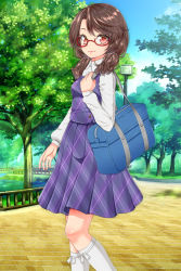 Rule 34 | 1girl, bag, blue sky, blurry, breasts, brown hair, carrying over shoulder, commentary request, day, depth of field, feet out of frame, fence, from side, glasses, hand on own shoulder, kneehighs, lamppost, light smile, long sleeves, looking at viewer, low twintails, medium hair, outdoors, park, plaid, plaid skirt, plaid vest, red-framed eyewear, red eyes, school bag, school uniform, semi-rimless eyewear, sett, shirt, skirt, sky, small breasts, socks, solo, standing, swept bangs, touhou, tree, tsurara0128, twintails, under-rim eyewear, usami sumireko, vest, water, white shirt, white socks, wooden fence