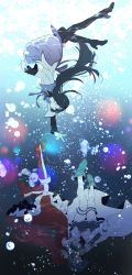 Rule 34 | 3girls, absurdres, air bubble, akemi homura, ankle boots, aqua background, arms at sides, bad id, bad pixiv id, black hair, black legwear, blue footwear, blue skirt, blurry, bokeh, boots, bubble, cape, capelet, closed eyes, commentary request, crying, crying with eyes open, dark background, depth of field, detached sleeves, expressionless, floating hair, fortissimo, frilled skirt, frills, full body, gloves, gradient background, grey background, hair down, hair ornament, hairband, hairclip, hand on another&#039;s shoulder, high heels, highres, knee boots, light particles, light smile, long hair, long sleeves, looking at another, mahou shoujo madoka magica, mahou shoujo madoka magica (anime), miki sayaka, multiple girls, musical note, musical note hair ornament, outstretched arm, pantyhose, parted lips, profile, purple skirt, red footwear, red hair, sad, sakura kyoko, skirt, sparkle, tears, thighhighs, underwater, upside-down, water, white cape, white gloves, yutyantogarashi, zettai ryouiki