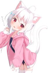 Rule 34 | 1girl, ahoge, animal ear fluff, animal ears, blue one-piece swimsuit, blush, cat ears, cat girl, cat tail, claw pose, collarbone, cowboy shot, drawstring, fang, hair ornament, hairclip, highres, hood, hood down, hooded jacket, jacket, looking at viewer, matchanear, medium hair, one-piece swimsuit, original, parted lips, paw hair ornament, pink jacket, red eyes, school swimsuit, simple background, skin fang, solo, swimsuit, swimsuit under clothes, tail, thighhighs, twintails, white background, white hair, white thighhighs, x hair ornament