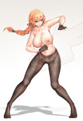 Rule 34 | 1girl, black gloves, black pantyhose, blonde hair, blonde pubic hair, blue eyes, braid, braided ponytail, breasts, cannon, collarbone, des moines (warship girls r), feet, female pubic hair, gatling gun, gloves, gun, hat, holding, holding gun, holding weapon, large breasts, long hair, machinery, mkiiiiii, navel, nipples, no shoes, official art, pantyhose, ponytail, pubic hair, shadow, simple background, solo, thighband pantyhose, toes, topless, warship girls r, weapon, white background, windforcelan