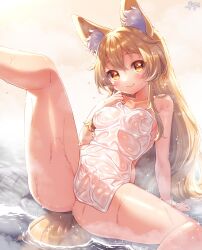 Rule 34 | 1girl, absurdres, animal ear fluff, animal ears, arm support, blush, breasts, closed mouth, collarbone, commentary request, covered erect nipples, covering privates, fox ears, fox girl, fox tail, highres, korin (shironeko project), leaning back, long hair, medium breasts, nude cover, onsen, paid reward available, shironeko project, smile, solo, spread legs, steam, tail, towel, variant set, wet, white towel, yellow eyes, yufukiri