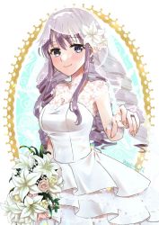 Rule 34 | 1girl, ayuko (ayuko54bornthisway), black eyes, blush, bouquet, breasts, bridal veil, cleavage, closed mouth, dress, drill hair, flower, hair between eyes, hair flower, hair ornament, hairband, hokaze junko, holding, holding bouquet, jewelry, layered dress, lily (flower), long hair, looking at viewer, medium breasts, nail polish, orange nails, pink flower, pink rose, purple hair, ring, rose, see-through, sleeveless, sleeveless dress, smile, solo, standing, toaru kagaku no railgun, toaru kagaku no railgun gaiden: astral buddy, toaru majutsu no index, veil, very long hair, wedding band, wedding dress, white dress, white flower, white hairband, yellow flower, yellow rose