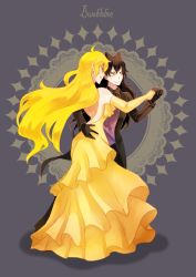Rule 34 | 2girls, black hair, black jacket, blake belladonna, blonde hair, bow, dancing, dress, formal, gloves, grey background, hair bow, highres, holding hands, jacket, kuma (bloodycolor), long sleeves, multiple girls, open clothes, open jacket, rwby, shirt, simple background, suit, tailcoat, yang xiao long, yellow dress, yellow eyes