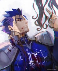 Rule 34 | 1boy, 2015, armor, astarone, bleeding, blood, blood on face, blue hair, brown hair, cu chulainn (fate), cu chulainn (fate/stay night), dated, earrings, fate/stay night, fate (series), gradient background, jewelry, long hair, looking at another, male focus, out of frame, red eyes, solo, tohsaka rin