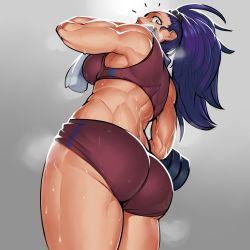 Rule 34 | 1girl, absurdres, ass, bad id, bad twitter id, bare shoulders, breasts, brown eyes, buruma, captain mizuki, cowboy shot, dumbbell, from below, from side, gradient background, grey background, highres, krekkov, looking at viewer, medium breasts, midriff, muscular, muscular female, one-punch man, ponytail, purple hair, sideboob, solo, sports bra, standing, steam, surprised, sweat, thick thighs, thighs, toned, towel
