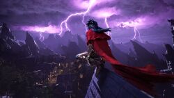 Rule 34 | 1boy, absurdres, armor, black hair, cloak, final fantasy, final fantasy vii, final fantasy vii rebirth, final fantasy vii remake, gauntlets, highres, key visual, lightning, mountainous horizon, night, official art, promotional art, red cloak, rooftop, scenery, solo, squatting, storm, town