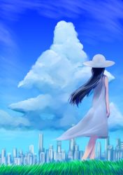 Rule 34 | 1girl, 2channel, arm at side, black hair, blue sky, city, cityscape, cloud, day, dososin, dress, from behind, grass, hand in own hair, hasshaku-sama, hat, long hair, original, outdoors, sky, solo, sun hat, sundress, very long hair, white dress, white hat, wind