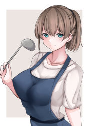 Rule 34 | 1girl, absurdres, apron, blue apron, blue eyes, breasts, brown hair, collarbone, hair between eyes, highres, holding, holding ladle, intrepid (kancolle), jiangyou dang, kantai collection, ladle, large breasts, light smile, looking at viewer, medium hair, ponytail, shirt, simple background, upper body, white shirt