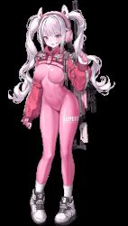 Rule 34 | 1girl, alice (nikke), animal ears, animated, animated gif, blush, bodysuit, breasts, cropped jacket, fake animal ears, full body, goddess of victory: nikke, gun, hand up, headphones, headset, jacket, long hair, long sleeves, medium breasts, official art, open mouth, pink bodysuit, pink eyes, pink hair, project nikke, rifle, shiny clothes, shoes, skin tight, sneakers, socks, solo, standing, tearlessflower, twintails, weapon, weapon on back