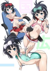 Rule 34 | 1girl, armpits, ass, bare arms, bare shoulders, belt, black hair, black thighhighs, blue eyes, blush, bottomless, bow, breasts, food, groin, highres, kunihiro hajime, looking at viewer, microskirt, multiple views, no panties, o-ring, o-ring belt, open mouth, popsicle, pussy, revealing clothes, saki (manga), simple background, sitting, skirt, small breasts, smile, spread legs, thighhighs, tongue, white background, white thighhighs, xiao rui rui