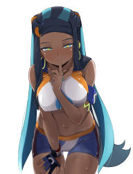 Rule 34 | 1girl, armlet, bad id, bad pixiv id, bakutendou, bikini, black hair, blue eyes, blue hair, blush, breasts, closed mouth, collarbone, covered erect nipples, creatures (company), dark-skinned female, dark skin, earrings, finger to mouth, fingerless gloves, game freak, gloves, gym leader, hand on own thigh, heart, heart-shaped pupils, highres, hoop earrings, jewelry, large breasts, leaning forward, lips, long hair, looking at viewer, multicolored hair, navel, necklace, nessa (pokemon), nintendo, pokemon, pokemon swsh, shorts, simple background, single glove, smile, solo, sportswear, sweat, swimsuit, symbol-shaped pupils, tankini, thigh gap, wet, white background