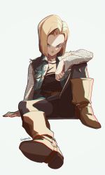 Rule 34 | 1girl, android 18, artist name, belt, belt buckle, black pantyhose, blonde hair, blue eyes, blue jacket, blue skirt, boots, brown footwear, buckle, closed mouth, collarbone, commentary request, denim, denim jacket, denim skirt, dragon ball, dragonball z, full body, highres, jacket, knee up, long sleeves, looking at viewer, pantyhose, shirt, short hair, sitting, skirt, smile, solo, striped clothes, striped shirt, sweater, tama azusa hatsu, white shirt