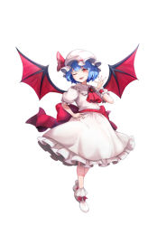 Rule 34 | 1girl, ;d, arm up, ascot, back bow, bat wings, blue eyes, blush, bow, brooch, commentary, dress, english commentary, eyelashes, fang, fingernails, footwear bow, frilled shirt collar, frilled sleeves, frills, full body, gem, hand on own hip, hat, hsin, jewelry, looking at viewer, mob cap, nail polish, one eye closed, open mouth, pink dress, pink hat, red ascot, red bow, red eyes, red gemstone, red nails, red sash, remilia scarlet, sash, short hair, simple background, slit pupils, smile, smug, solo, standing, tongue, touhou, white background, wings, wrist cuffs, ||/