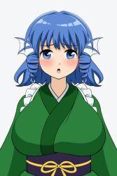 Rule 34 | 1girl, animated, animated gif, blue eyes, blue hair, blush, bouncing breasts, breasts, breasts out, fin ears, japanese clothes, kimono, large breasts, looking at viewer, nipples, no bra, open clothes, open kimono, open mouth, short hair, solo, touhou, wakasagihime
