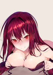 Rule 34 | 1girl, bad id, bad pixiv id, bare shoulders, bikini, black bikini, blush, breast press, breasts, eyelashes, fate/grand order, fate (series), highres, hplay, large breasts, long hair, looking at viewer, lying, on stomach, purple hair, red eyes, scathach (fate), simple background, smile, solo, swimsuit, under covers, untied bikini, very long hair