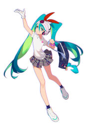 Rule 34 | 1girl, aqua eyes, aqua hair, bag, bag charm, black socks, charm (object), creatures (company), full body, game freak, gloves, green hair, grey skirt, hat, hatsune miku, headphones, highres, indai (3330425), long hair, looking at viewer, multicolored hair, nintendo, parted lips, pokemon, project voltage, psychic miku (project voltage), shirt, shoes, short sleeves, simple background, single glove, skirt, sneakers, socks, solo, twintails, very long hair, vocaloid, white background, white footwear, white gloves, white shirt