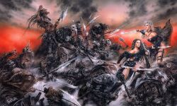 2girls 6+others armor axe bare_shoulders battle black_cape black_corset black_hair blonde_hair blood blood_splatter bloody_weapon boots bow_(weapon) cape charging_forward corset crossbow dagger dress fighting_stance flanged_mace helmet highres knee_boots knife leather_armor luis_royo multiple_girls multiple_others orcs original polearm red_dress roaring saliva screaming sheath silver_weapons spear thigh_boots thigh_strap traditional_media twin_blades weapon