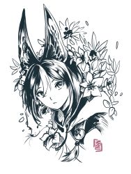 Rule 34 | 1boy, animal ear fluff, animal ears, commentary, english commentary, fennec fox, flower, fox boy, fox ears, frogoutofwell, genshin impact, greyscale, hair between eyes, highres, hood, hoodie, looking at viewer, male focus, medal, monochrome, multicolored hair, portrait, signature, simple background, solo, streaked hair, tassel, tighnari (genshin impact), white background, yellow flower