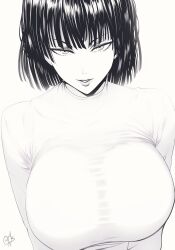 Rule 34 | 1girl, absurdres, black hair, breasts, fubuki (one-punch man), hair between eyes, highres, large breasts, looking at viewer, mature female, monochrome, mostlybluewyatt, one-punch man, open mouth, short hair, simple background, solo, sweater, upper body, v-shaped eyebrows, white background, white sweater