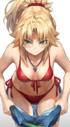 Rule 34 | 1girl, bare shoulders, bikini, blonde hair, blush, braid, breasts, clothes pull, collarbone, fate/apocrypha, fate (series), french braid, front-tie bikini top, front-tie top, green eyes, hair ornament, hair scrunchie, highres, jewelry, long hair, looking down, medium breasts, mordred (fate), necklace, pants, pants pull, ponytail, red bikini, red scrunchie, scrunchie, side-tie bikini bottom, sidelocks, solo, swimsuit, tonee