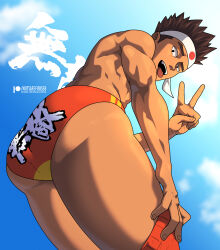 Rule 34 | 1boy, ass, bara, black eyes, blue sky, brown hair, fatal fury, headband, highres, joe higashi, looking at viewer, male focus, muscular, muscular male, seb (notsafeforseb), short hair, sky, solo, spiked hair, the king of fighters, tongue, tongue out, undressing, v, white headband