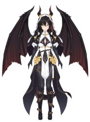 Rule 34 | 1girl, absurdres, arms at sides, belt, black gloves, black hair, breasts, covered navel, cross, cross-laced footwear, demon girl, demon horns, demon tail, demon wings, full body, gloves, gradient hair, green eyes, highres, horns, medium breasts, multicolored hair, original, pelvic curtain, pointy ears, red hair, sakuya miu1186400038, slit pupils, smile, solo, standing, straight-on, tail, two-tone hair, white background, wings