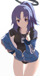 Rule 34 | 1girl, black shirt, blue archive, blue eyes, blue hair, blue jacket, breasts, closed mouth, collarbone, grey background, halo, highres, index finger raised, jacket, long sleeves, looking at viewer, medium breasts, momiji oroshi, official alternate costume, ponytail, shirt, simple background, solo, standing, star sticker, sticker on face, thighs, unzipped, yuuka (blue archive), yuuka (track) (blue archive), zipper