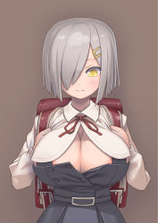 Rule 34 | 1girl, 3:, alternate eye color, areola slip, backpack, bad id, bad pixiv id, bag, belt, blush, breasts, brown background, buttons, cleavage, closed mouth, collared shirt, cosplay, dress, grey dress, grey skirt, hair ornament, hair over one eye, hairclip, hamakaze (kancolle), highres, kantai collection, kasumi (kancolle), kasumi (kancolle) (cosplay), katahira (hiyama), large breasts, long sleeves, looking down, no bra, pinafore dress, randoseru, red ribbon, remodel (kantai collection), ribbon, ringed eyes, shirt, short hair, silver hair, skirt, sleeveless dress, solo, suspenders, unbuttoned, undersized clothes, white shirt, yellow eyes