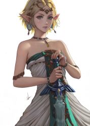 Rule 34 | 1girl, bare shoulders, blonde hair, bracelet, braid, commentary, crown braid, dress, earrings, expressionless, green eyes, highres, holding, holding sword, holding weapon, jewelry, looking at viewer, master sword, necklace, nibelart, nintendo, official alternate costume, official alternate hairstyle, parted bangs, pointy ears, princess zelda, short hair, signature, solo, sword, teardrop facial mark, the legend of zelda, the legend of zelda: tears of the kingdom, weapon, white background