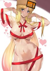 Rule 34 | 1girl, areola slip, armpits, ashiomi masato, blonde hair, blue eyes, blush, breasts, guilty gear, guilty gear strive, hat, heart, highres, long hair, looking at viewer, millia rage, naked ribbon, narrow waist, navel, ribbon, simple background, solo, sweatdrop, very long hair, white background