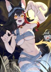 Rule 34 | 2girls, absurdres, alternate costume, animal ears, aqua eyes, ayeon, bandaged head, bandages, bell, black hair, blood, braid, breasts, foreshortening, fox ears, full moon, glowing, glowing eyes, graveyard, hat, highres, hololive, large breasts, long hair, midriff, moon, multiple girls, mummy costume, navel, neck bell, nosebleed, ookami mio, open mouth, shirakami fubuki, side braid, solo focus, stomach, tail, tombstone, virtual youtuber, white hair, witch hat, wolf ears, wolf tail, yellow eyes