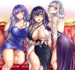 Rule 34 | 3104 (3104milkshake), 3girls, :d, ass, azuma (azur lane), azur lane, bare shoulders, black gloves, blue dress, blush, breasts, brown eyes, butterfly hair ornament, couch, criss-cross halter, cup, dress, dunkerque (azur lane), gloves, hair between eyes, hair ornament, hair over one eye, halterneck, hand in own hair, highres, holding, holding cup, large breasts, long dress, long hair, looking at viewer, minidress, multiple girls, open mouth, pencil dress, purple dress, purple hair, red eyes, short dress, side slit, sidelocks, silver hair, sitting, smile, strapless, strapless dress, tight clothes, tight dress, trento (azur lane), tube dress, very long hair, wavy hair